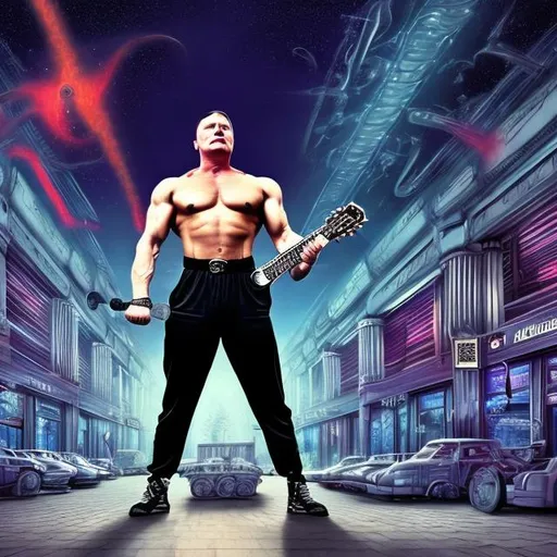 Prompt: Bodybuilding adolph hitler, playing guitar for tips in a busy alien mall, widescreen, infinity vanishing point, galaxy background