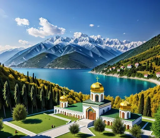 Prompt: Create Abkhazia as a country with the perfect beautiful landscape: mountains, hills, forest, Black Sea seaside, mediteranean type of trees and plants.
Use UHD graphic engine and professional 3D graphic tools to design Abkhaz traditional buildings and Abkhazian Christian Orthodox Churches. 