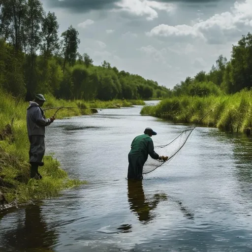 Prompt: Fisherman catching fish at the river 4k HD