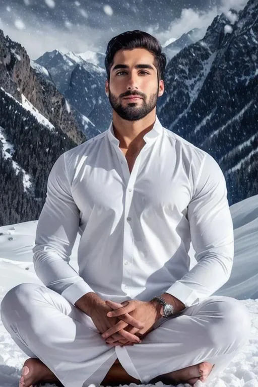 Prompt: a scene of "hyperreal face", meditating, lost in god,"irani hyperreal handsome rugged boy" in "hyperreal stormy snow mountain", smile, white kameez, detailed, hyperreal, sitting, arena, perfect composition, hyperrealistic, super detailed, 8k, high quality, trending art, trending on artstation, sharp focus, studio photo, intricate details, highly detailed, by greg rutkowski
