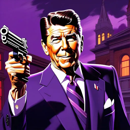 Prompt: Ronald Reagan in Saints Row, guns, cartoony, purple atmosphere, extremely detailed painting by Greg Rutkowski and by Henry Justice Ford and by Steve Henderson