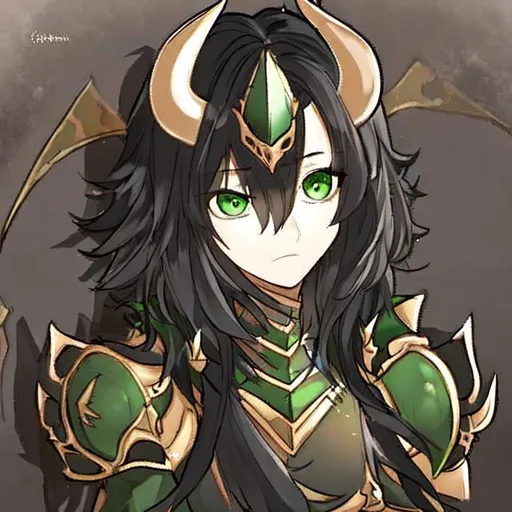 Prompt: A female black-haired Tiefling with green eyes and half-plate armor and she is a cleric, she is 18 with devil horns and a tail