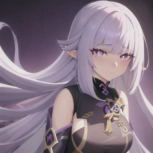 Prompt: Draw a soft detailed beautiful long white haired girl with deep purple eyes pupils.  In a fantasy world of Genshin impact. Using anime art style