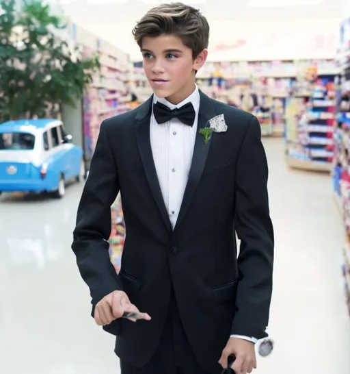 Prompt: Attractive teenage Boy in a tuxedo casting sparkly magic spell with a magic wand in a store