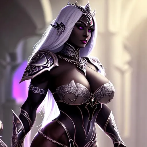 Prompt: Woman, dark elf, drow, stunning, gorgeous, thick, muscular, strong, fit, queen, dark, paladin, wearing a dark armor, holding a dark sword in hand, fantasy, UHD, 8k, high quality, ultra quality, perfect composition, trending art, trending on artstation, sharp focus, studio photo, intricate details, cinematic lighting, special effects, hyper realism, hyper realistic, Very detailed, high detailed face, high detailed eyes, oil painting, full body