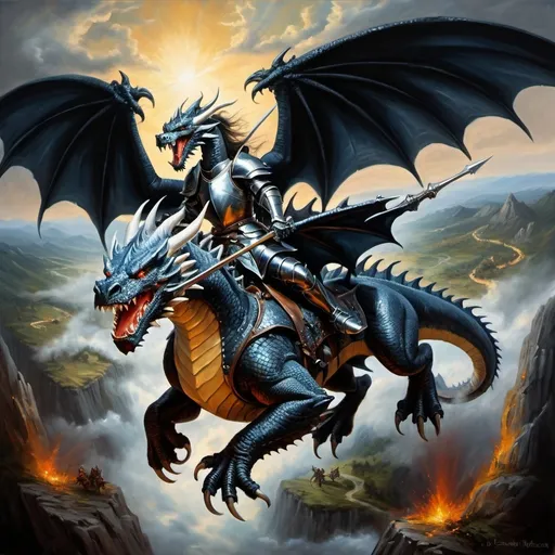 Prompt: Black Dragons and white Dragons in arial combat, Dragon riders in armor with spears while riding the dragons, fierce expressions, mythical landscapes, high fantasy, Dragon riders, Chivalric Knights, in realistic oil painting, flying through the sky in combat, majestic dragons  mythical landscapes, high fantasy, oil painting, vibrant colors, epic scale, detailed armor, stunning face, atmospheric lighting, professional, highres, fantasy, oil painting, ethereal, fierce expression, varied colors, high fantasy