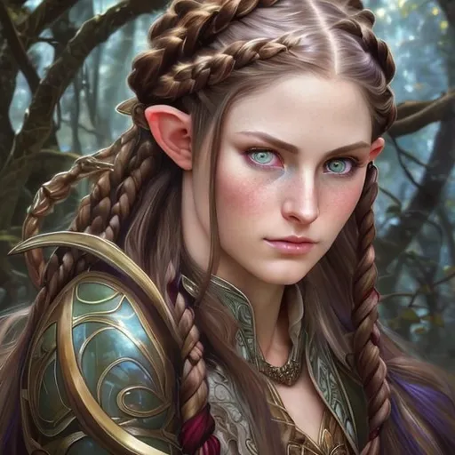 Prompt: beautiful digital painting portrait of a female half elf ranger with maroon braided hair and blue eyes in the style of baldur's gate portraits and art by ayami kojima and alphonse mucha