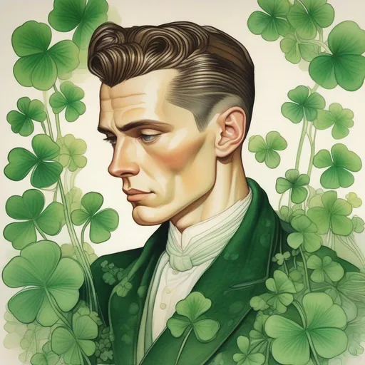 Prompt: portrait of a beautiful handsome brown haired man with green shamrocks,  very short slicked back pompadour undercut with shaved sides and chestnut wisps, intricate, sharp focus, in the style of Ivan Bilibin, Ernst Haeckel, Daniel Merriam, watercolor and ink