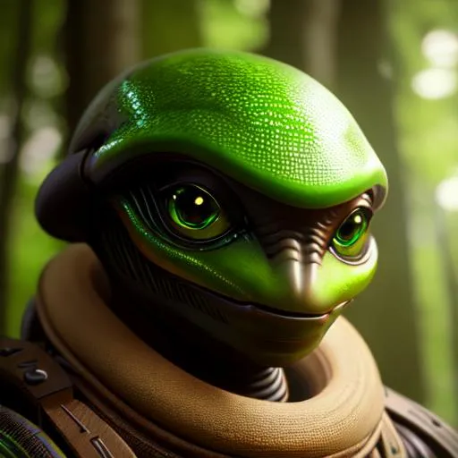 Prompt: alien with green wood skin, ultra realistic, big black eyes reflective, unreal engine, octane render, 8k, light lighting, chiaroscuro, smallest nose, small mouth
