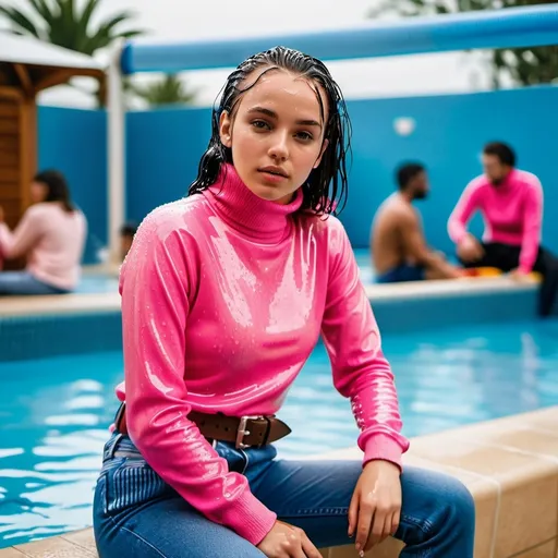 Prompt: photo of young woman, soaking wet clothes, , blue jeans with belt, tight pink longsleeve turtleneck sweater,  , sitting at the edge of an indoor pool at a pool party,   enjoying, water dripping from clothes, clothes stuck to body,  detailed textures of the wet fabric, wet face, wet plastered hair,  wet, drenched, professional, high-quality details, full body view 