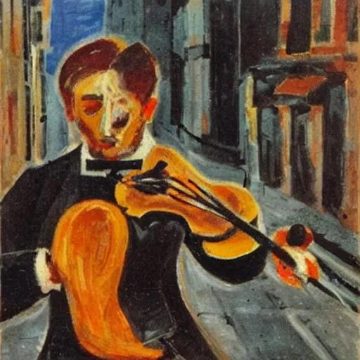 Prompt: poor male playing the violin fauve munch 
streets of New York
