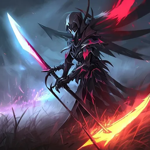 Prompt: A scythe with a sharp glowing blade 