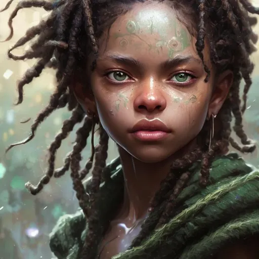 Prompt: photorealistic Closeup face portrait of a Nigerian warrior princess  dark black hair in dreadlocks and green eyes smooth soft skin, with few scars small shallow eyes, beautiful intricate colored hair, symmetrical, snowing, soft lighting, detailed face, by makoto shinkai, stanley artgerm lau, wlop, rossdraws, concept art, digital painting, looking into camera