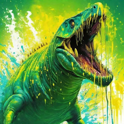 Prompt: Mosasaurus, vivid venomous yellow-green and dripping with yellow acid, hunting in the ocean depths,  Acid Splash, masterpiece, best quality, in spray paint art style
