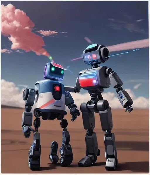 Prompt: Troumph gives instructions to gay robots with red white blue clouds in sky