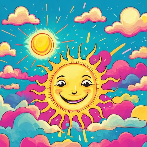 Prompt: Design a cheerful and vibrant illustration with a sun breaking through clouds, radiating positivity.