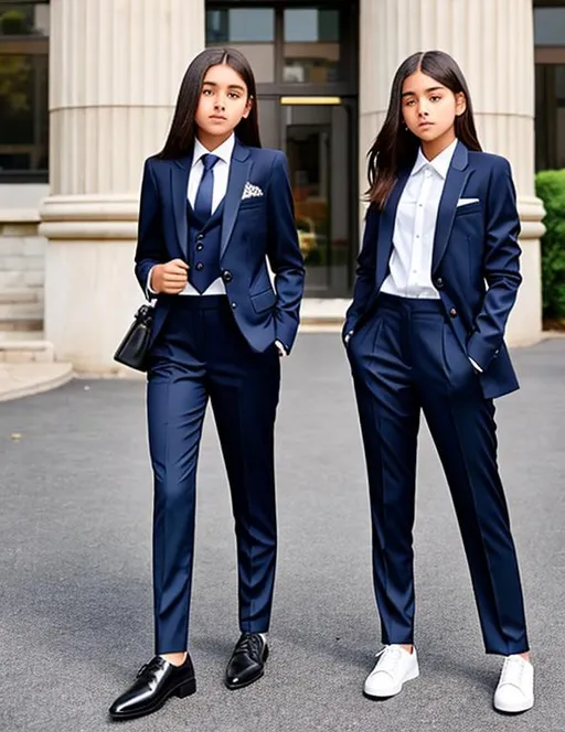 Prompt: Two girls 14yo, suit, Tie, Trousers,