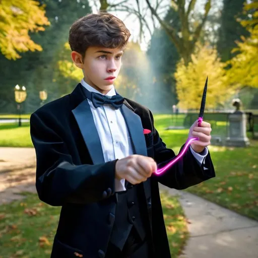 Prompt: 16 year old boy in a tuxedo holding his magic wand. He is not waveing it so no magic is happening at all. He is holding it in a threatening way ready to cast a spell. He is in the park