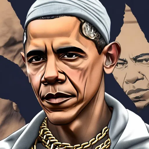 Prompt: barack obama wearing a du rag, wearing a gold chain, wearing street clothes, cartoon, ultra high detail, lighting, shaders