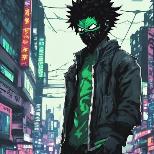 Prompt:  Accurate masked vigilante deku super villain. Very Dark image with lots of shadows. Neon green accents. Background partially destroyed neo Tokyo. Noir anime. Tattered clothes. Tired. Evil