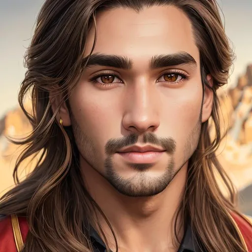 Prompt: man, brown middle part hair, medium long hair, brown eyes, thick black eyebrows, juicy lips, beautiful nose, oval face, golden earring left side ear, mountain background, detailed face portrait, realism, 4k, HD