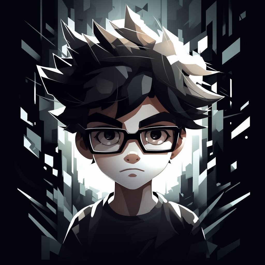 Prompt: a pixelized guy wearing glasses, in the style of abstract minimalism appreciator, toonami, shiny eyes, black and white art, bone, cute cartoonish designs, playing with light and shadow