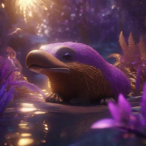 Prompt: Enchanted purple and brown platypus in the Fairyland Forest, Enchanting, Chic Modernist, Furry, close-up, textured, Faded, game icon, brilliant colors, surrealism, golden hour sun lighting, Hyperrealistic textures, intricate details, architectural visualization, Corona render, 8k