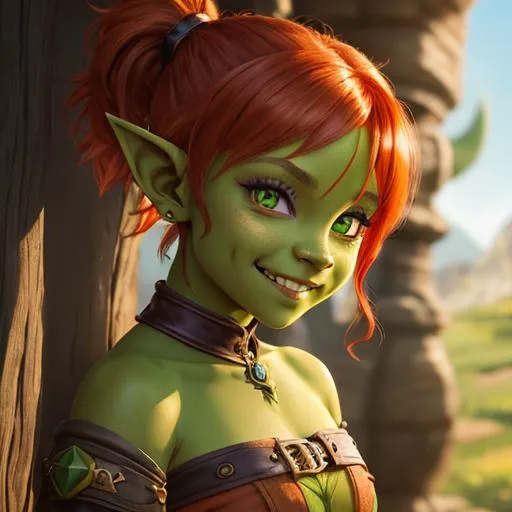 Prompt: oil painting, D&D fantasy, young green-skinned-goblin girl, green-skinned-female (tiny petite body), beautiful face, mischievous grin, short fiery red hair, pigtails, pointed ears, fangs, looking at the viewer, wearing adventurer's outfit #3238, UHD, hd , 8k eyes, detailed face, big anime dreamy eyes, 8k eyes, intricate details, insanely detailed, masterpiece, cinematic lighting, 8k, complementary colors, golden ratio, octane render, volumetric lighting, unreal 5, artwork, concept art, cover, top model, light on hair colorful glamourous hyperdetailed medieval city background, intricate hyperdetailed breathtaking colorful glamorous scenic view landscape, ultra-fine details, hyper-focused, deep colors, dramatic lighting, ambient lighting god rays, flowers, garden | by sakimi chan, artgerm, wlop, pixiv, tumblr, instagram, deviantart