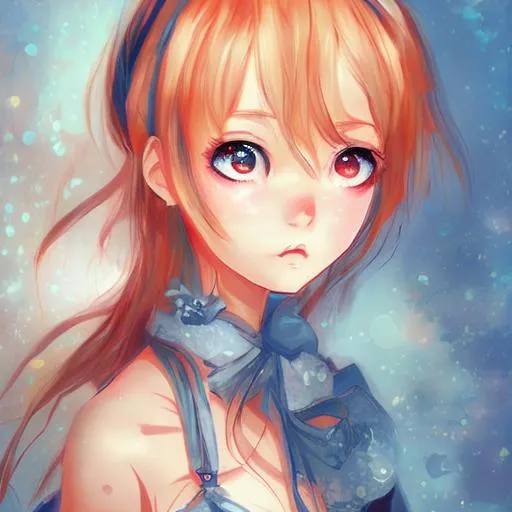 Prompt: cute anime girl, dynamic pose, big watery eyes, digital art, brush strokes, painterly, impressionist style, half painted, background light blue. 