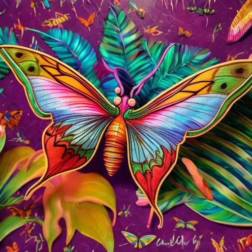 Prompt: Madagascan sunset moth diorama in the style of Lisa frank