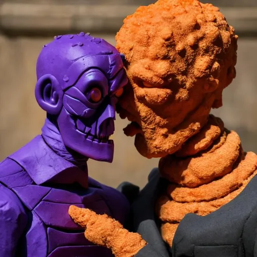 Prompt: purple man kisses an orange man
