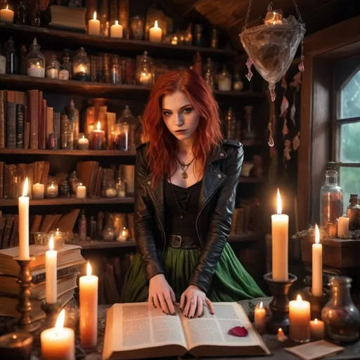 Prompt: An image of a slim cute beautiful young witch conjuring in an attic:  fiery red hair cascading down her back, and intense green eyes. She wears a mix of bohemian and punk styles, with a leather jacket over a flowy skirt.
An attic filled with flickering candles casting eerie shadows on the walls. Symbols drawn in chalk surround the space, shelves are cluttered with ancient books, crystals, and potion bottles. An altar in the center is adorned with rose petals, herbs, and glittering crystals. The atmosphere is both enchanting and spooky, with a sense of powerful, ancient magic in the air as the witch prepare their conjuration.