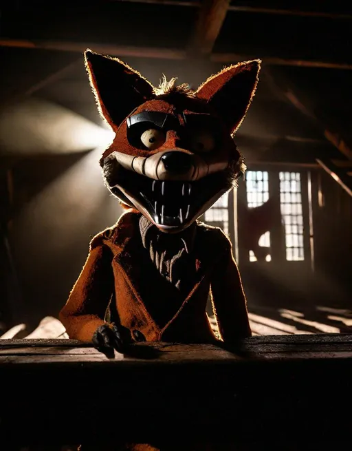 Prompt: A creepy animatronic fox with an eyepatch, hook hand, and toothy grin poses on an abandoned stage. Foreboding shadows surround it. Dusty beams of light shine down from rafters above. Shot on Fuji GFX with a wide angle lens for an ominous mood. Gritty, sinister, and unsettling in the style of Five Nights at Freddy's. 