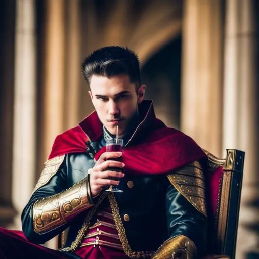 Prompt:  Professional photography, bokeh, natural lighting, canon lens, shot on dslr 64 megapixels sharp focus, photorealistic, Intricately Designed, Hyperrealistic, Ultra Detail, Male {{{(Male Vampire)!!!, sitting on a throne, in a castle, Drinking Blood, Knights at the ready}}}