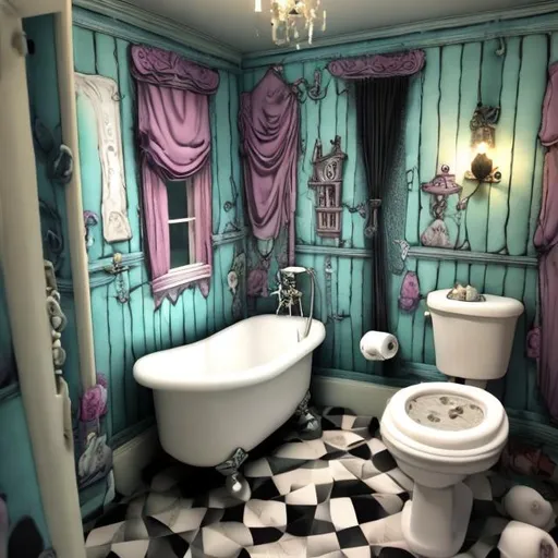 Prompt: Dollhouse bathroom in the style of Tim Burton 