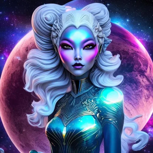 Prompt: An exquisite female alien personifies the enigmatic allure of the cosmos, exuding grace and wonder. Her mere presence serves as evidence of the vast beauty and diversity that can exist among the stars, captivating the imagination of all who are lucky enough to cross paths with her.

