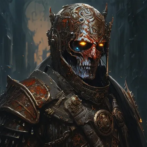 Prompt: A digital painting of an undead man with decayling flesh wearing rusted medieval armor,    concept art, super detailed, 8k, high quality, trending art, trending on artstation, sharp focus, intricate details, by greg rutkowski