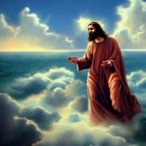 Prompt: sea jesus walking clouds disciples
