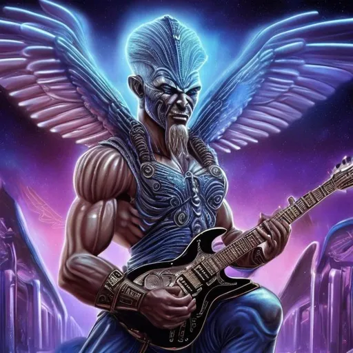 Prompt: Bodybuilding Assyrian Winged Genie playing guitar for tips in a busy alien mall, widescreen, infinity vanishing point, galaxy background