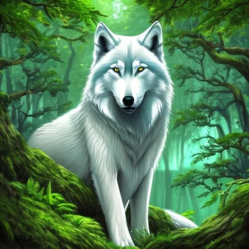 Prompt: Lush green forest, white wolf laying on a cliff, green forest, sunlight through the branches, anime wolf, realistic art, flower patches, trees in bloom, wolf with 4 legs, wolf with blue eyes, wolf with a scar, wolf in armour, warrior wolf, battle wolf