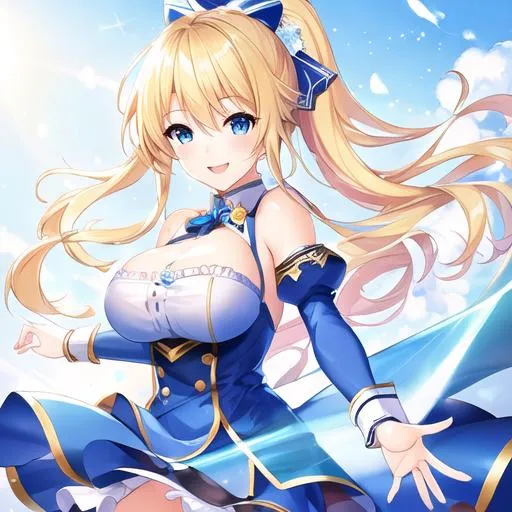 Prompt: high quality art of a female neko girl, wearing a blue outfit, blonde hair, smiling, looking towards the viewer, plain white background, 8k quality, digital painting, perfect composition, hyperrealistic, super detailed, 8k, high quality, sharp focus, intricate details, highly detailed, dynamic lighting. 