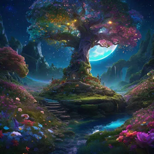 Prompt: "enchanted flower meadow, magical river of mana and glitter, ancient tree covered in moss and flowering vines, starry sky, giant moon, moon rainbow, detailed matte painting, deep color, fantastical, intricate detail, splash screen, complementary colors, fantasy concept art, 8k resolution trending on Artstation Unreal Engine 5"