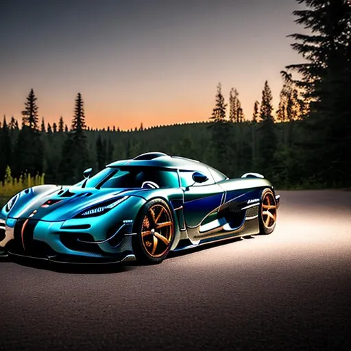 Prompt: koenigsegg regera wide body heavily modified at illegal meet, dark and shadowy background, in the Canadian forest, 30 minutes after sunset, long depth of field.