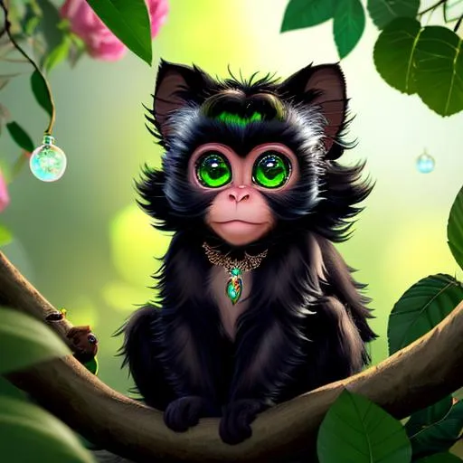 Prompt: Medium shot super detailed lifelike illustration, intricately detailed, animated cartoon fictional monkey with big bubbbly eyes cute adorable wearing all black with cat ears 

iridescent reflection, cinematic light, movie 
 Lots of green bushes beautiful roses 

volumetric lighting maximalist photo illustration 4k, resolution high res intricately detailed complex,

soft focus, realistic, heroic fantasy art, clean art, professional, colorful, rich deep color, concept art, CGI winning award, UHD, HDR, 8K, RPG, UHD render, HDR render, 3D render cinema 4D
masterpiece photoghrafic real digatal ultra realistic hyperdetailed 

iridescent reflection, cinematic light, movie 



volumetric lighting maximalist photo illustration 4k, resolution high res intricately detailed complex,

soft focus, realistic, heroic fantasy art, clean art, professional, colorful, rich deep color, concept art, CGI winning award, UHD, HDR, 8K, RPG, UHD render, HDR render, 3D render cinema 4D