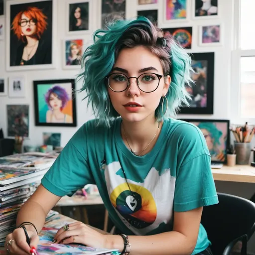 Prompt: A messy art workspace in a small apartment.
Artsy and Colorful Age:18 girl with detailed cute and expressive face. 
Short, wavy teal hair with a choppy, messy cut.
A nose ring or septum piercing, layered necklaces, and large, round glasses.
Wears oversized graphic T-shirts, cleavage, high-waisted mom jeans, and sneakers with colorful mismatched socks.