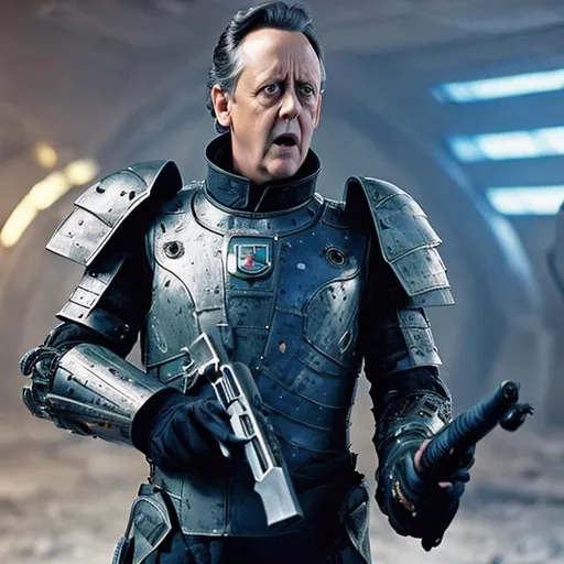 Prompt: Richard E Grant shouting angrily wearing an armored futuristic scifi military uniform and holding an advanced exotic shotgun in full color