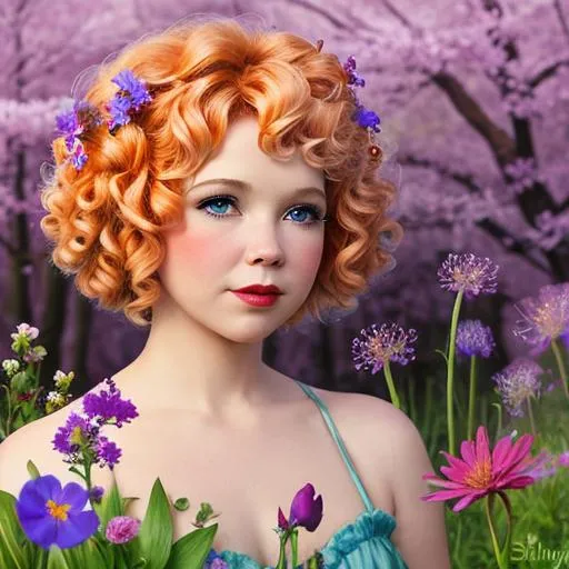 Prompt: a fairy of spring, Shirleyl Temple curls, ,wildflowers, vivid colors, closeup