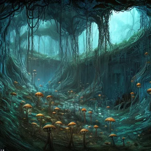 Prompt: fantasy-style art underground abandoned  mine with fungal vines spreading from deeper into the cave