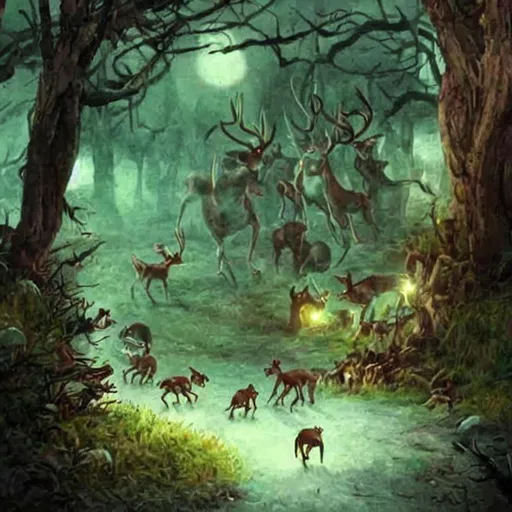 Prompt: creepy goblin horde dragging away a deer





