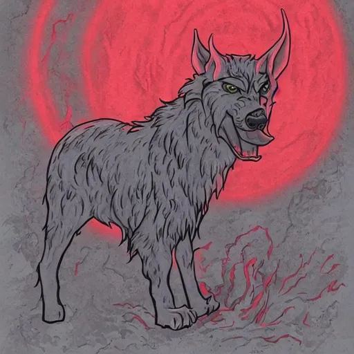 Prompt: cartoonist style hellhound with glowing eyes in a red mist
